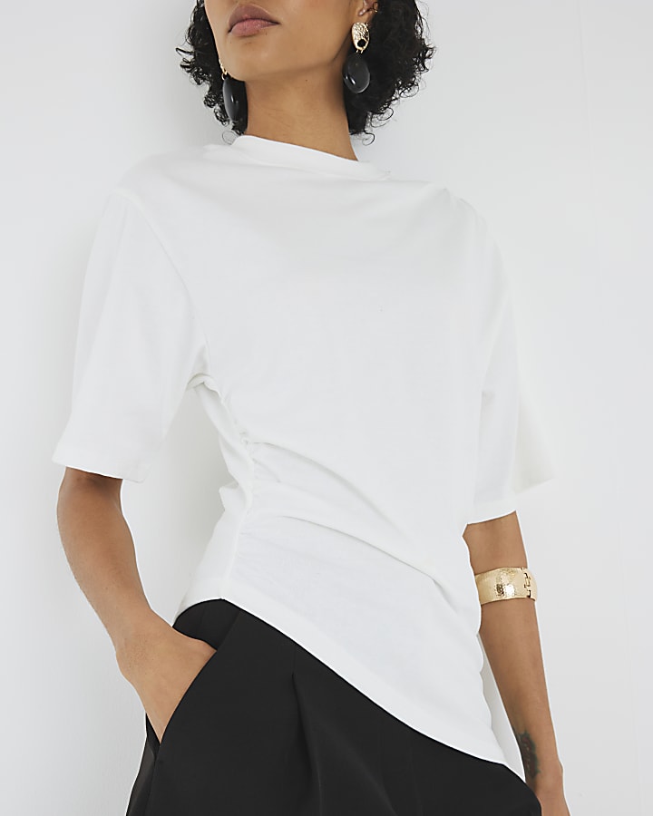 White Short Sleeve Ruched Side T-shirt