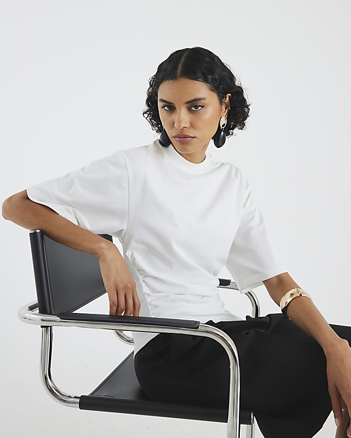 White Short Sleeve Ruched Side T-shirt