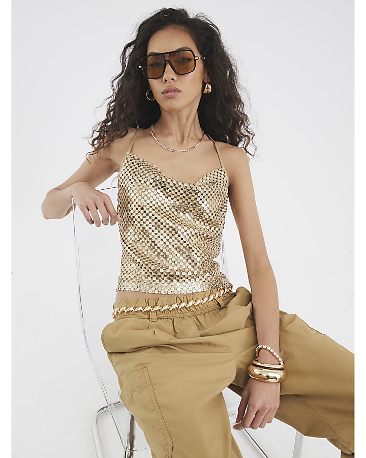 Gold Sleeveless Sequin Cowl Cami Top