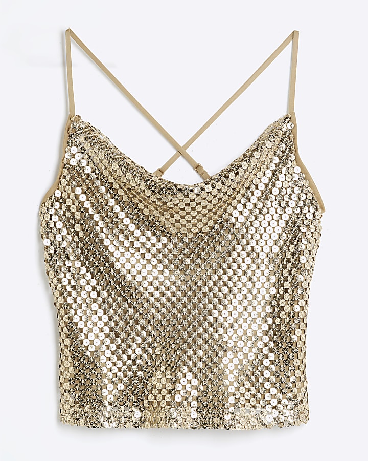 Gold Sleeveless Sequin Cowl Cami Top