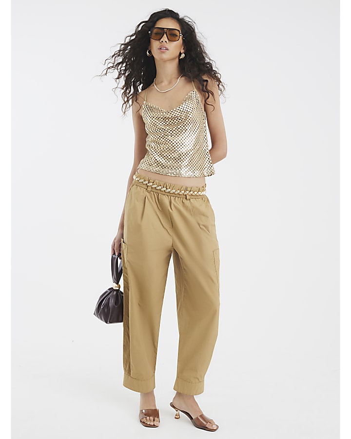 Gold Sleeveless Sequin Cowl Cami Top