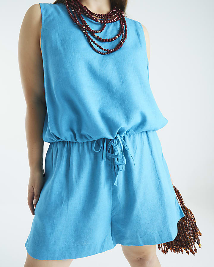 Blue Linen Blend Shorts