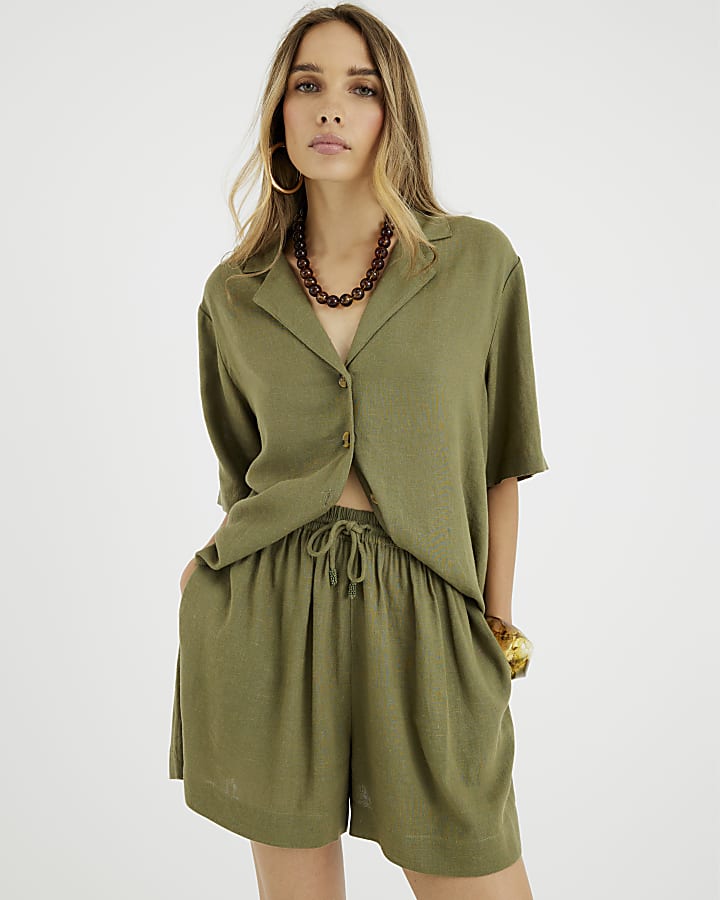 Khaki Linen Blend Shorts