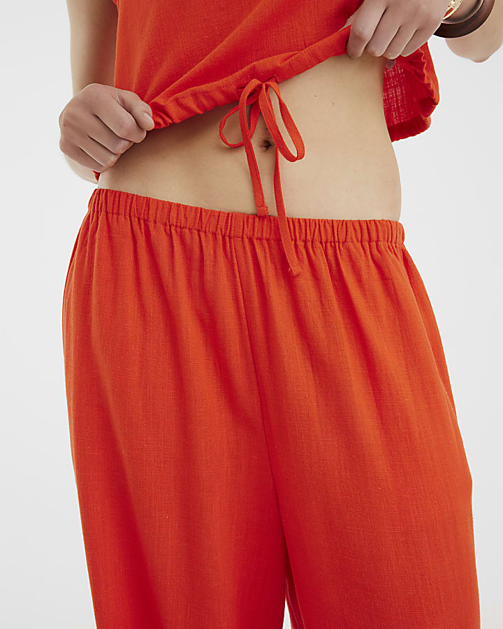 Red Linen Blend Wide Leg Trousers