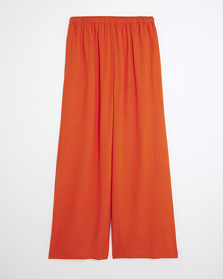 Red Linen Blend Wide Leg Trousers
