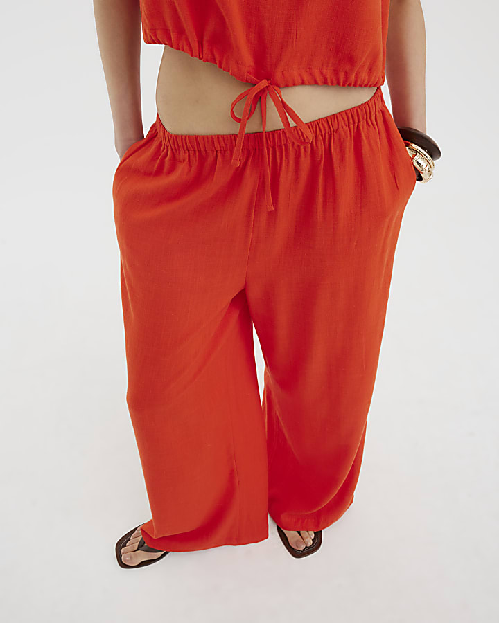 Red Linen Blend Wide Leg Trousers