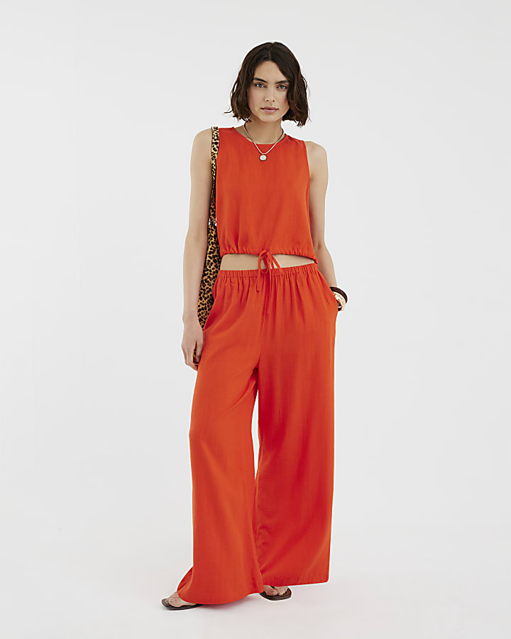 Red Linen Blend Wide Leg Trousers