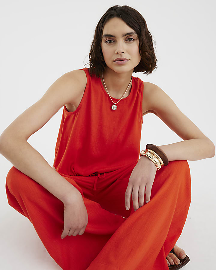 Red Linen Blend Wide Leg Trousers