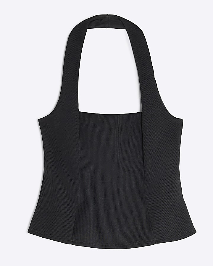 Black Sleeveless Ribbed Halter Neck Top