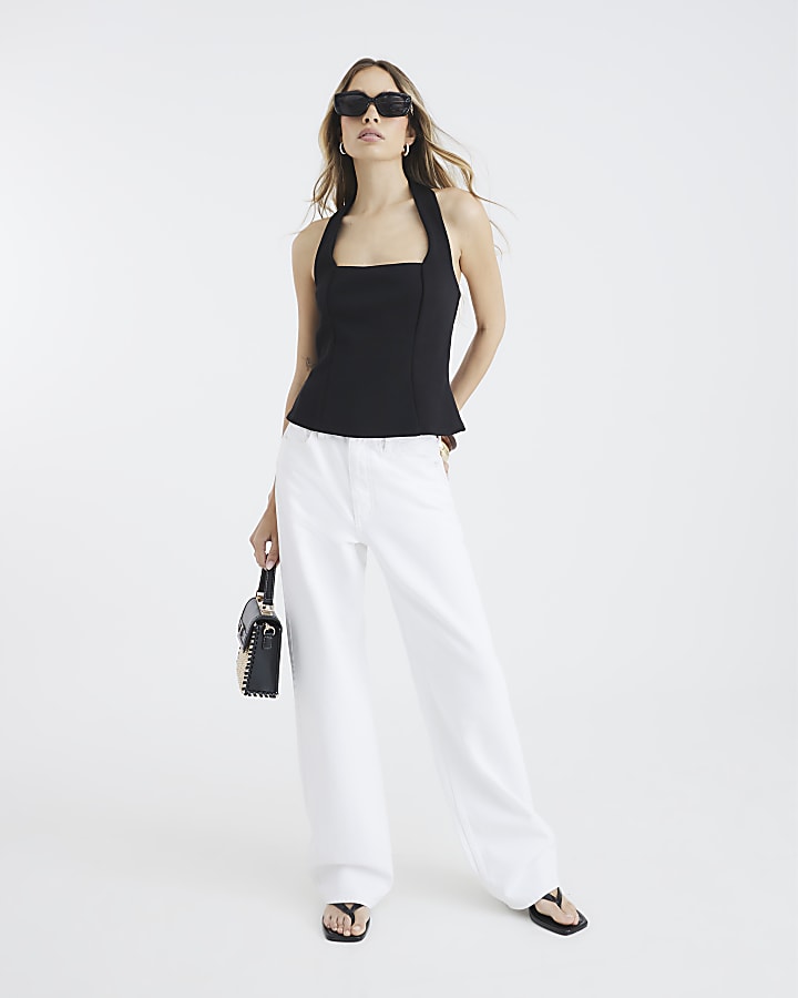 Black Sleeveless Ribbed Halter Neck Top