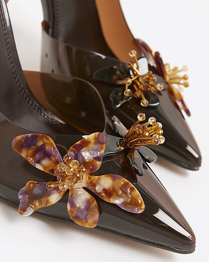Brown Perspex Flower Court Slingback heels