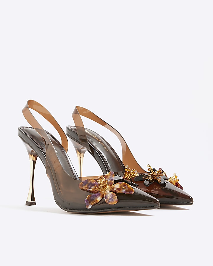 Brown Perspex Flower Court Slingback heels