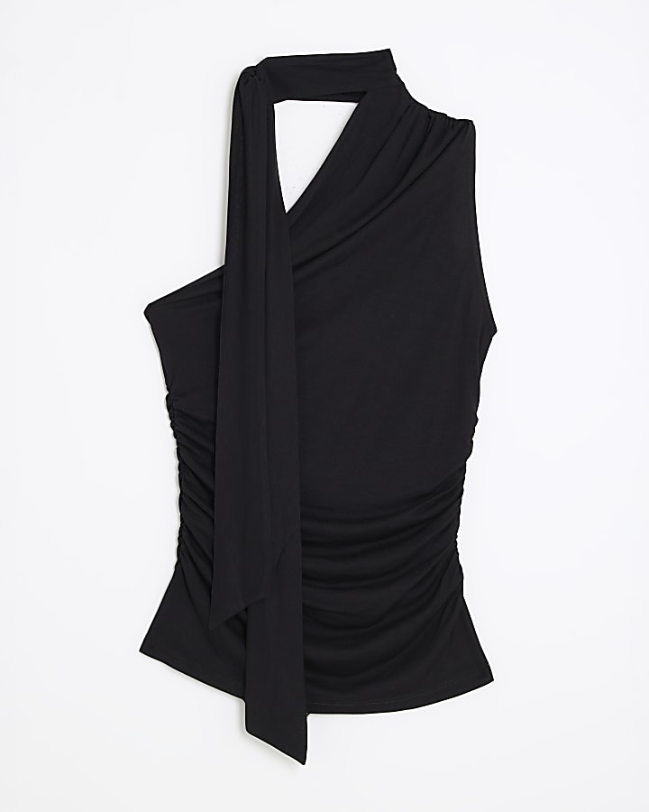Black Sleeveless Asymmetric Ruched Tie Top