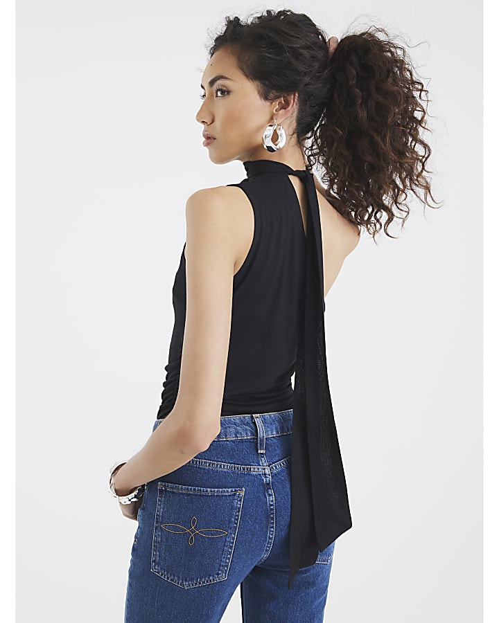 Black Sleeveless Asymmetric Ruched Tie Top