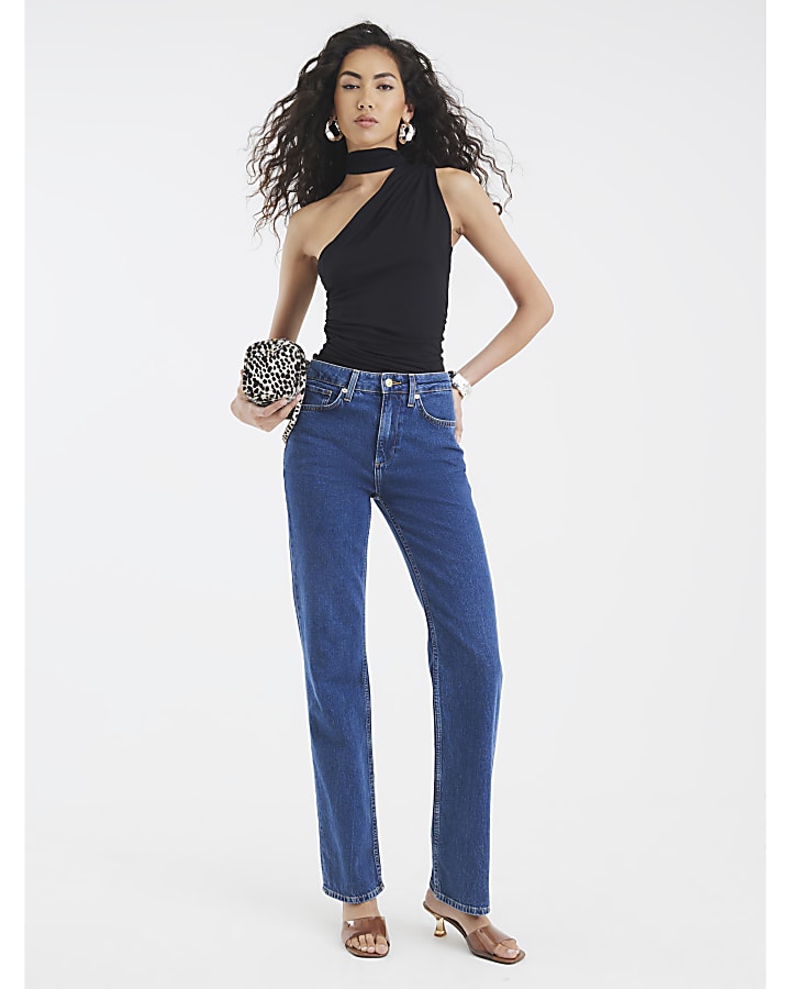 Black Sleeveless Asymmetric Ruched Tie Top