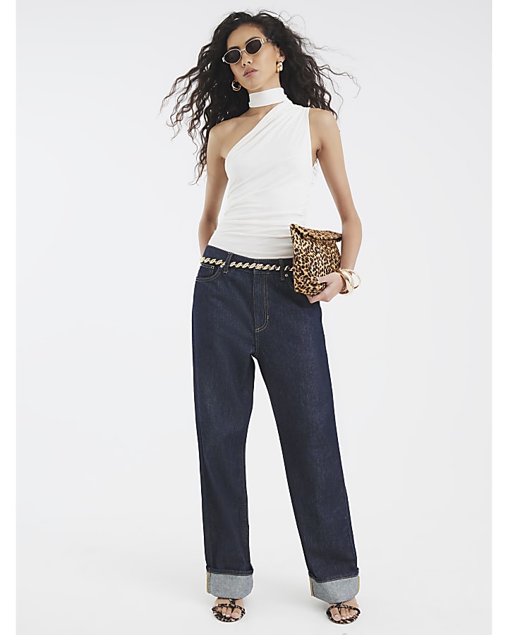 Cream Sleeveless Asymmetric Ruched Tie Top