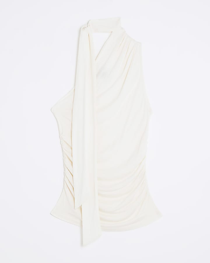 Cream Sleeveless Asymmetric Ruched Tie Top
