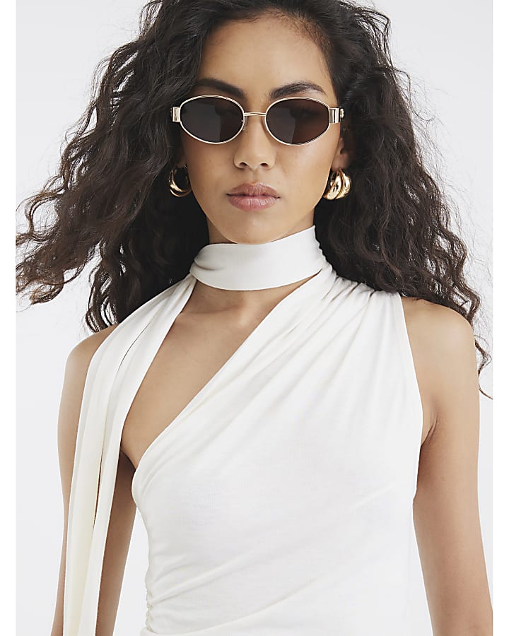 Cream Sleeveless Asymmetric Ruched Tie Top