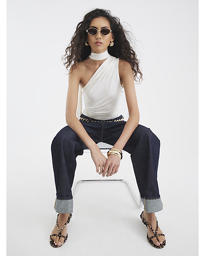 Cream Sleeveless Asymmetric Ruched Tie Top
