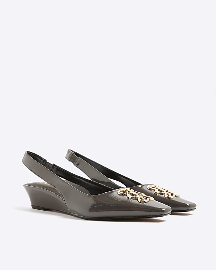 Grey Pointed Toe Wedge Slingback Heels