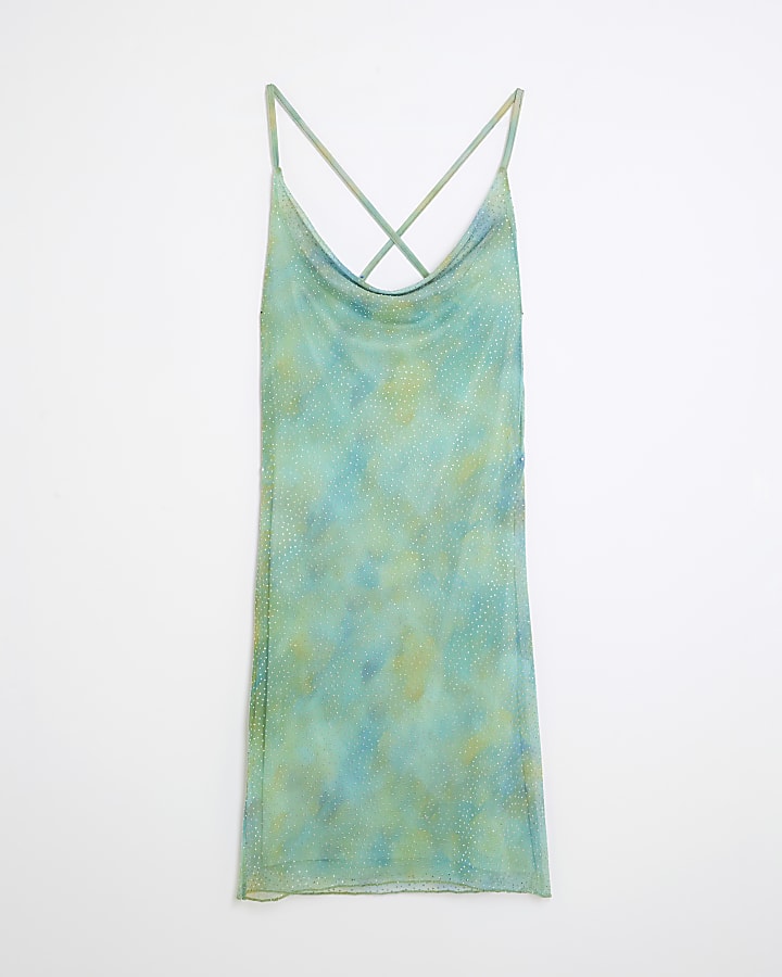 Green Mesh Cowl Neck Diamante Mini Dress