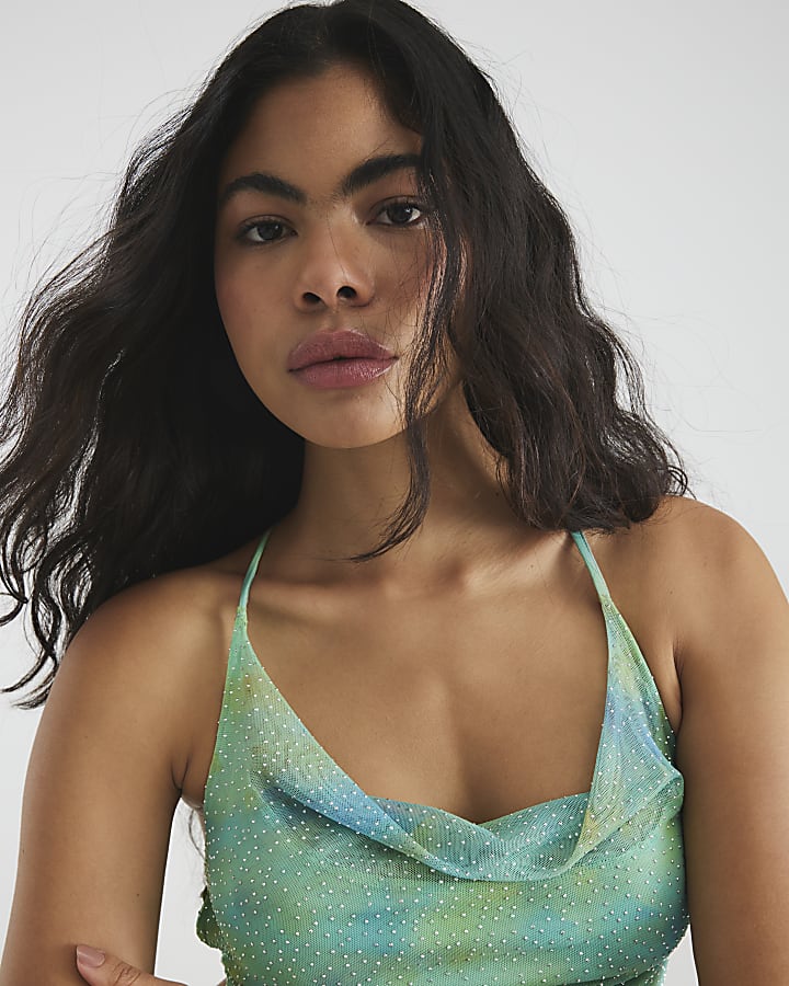 Green Mesh Cowl Neck Diamante Mini Dress