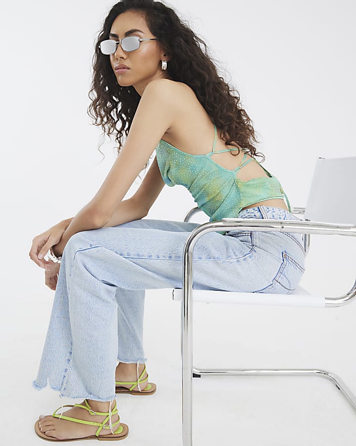 Green Diamante Mesh Cowl Neck Cami Top