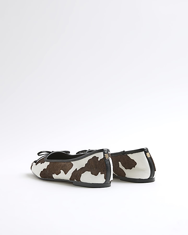 Beige Leather Cow Print Ballet Pumps