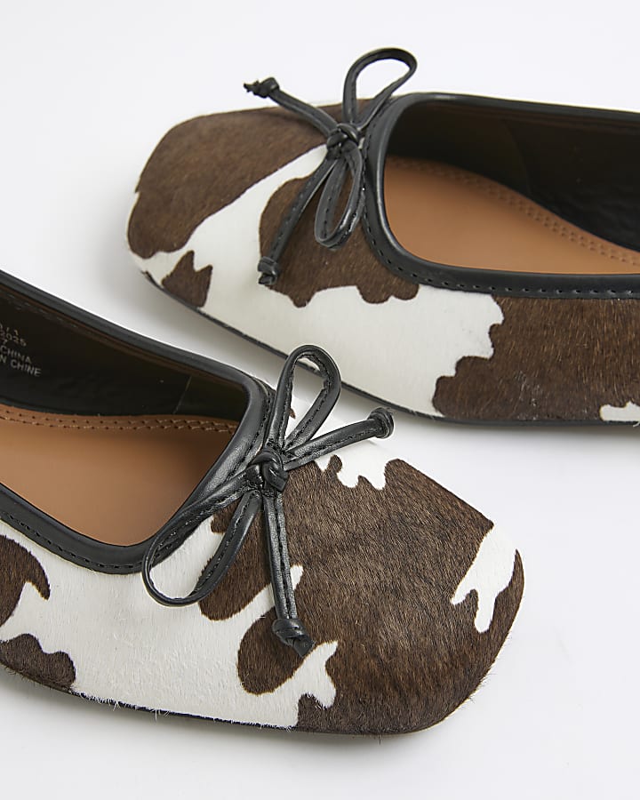 Beige Leather Cow Print Ballet Pumps