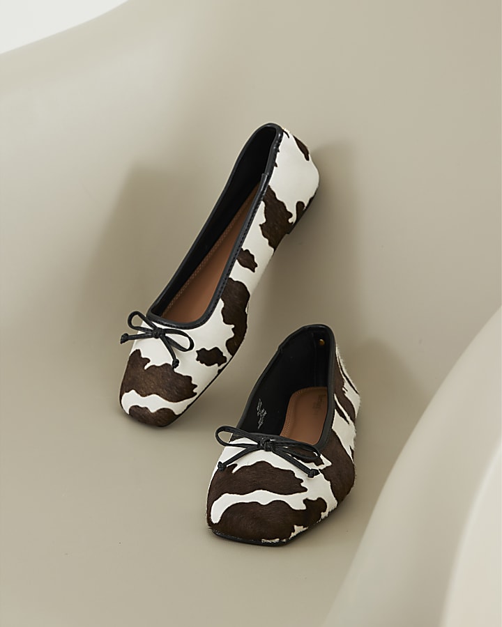 Beige Leather Cow Print Ballet Pumps