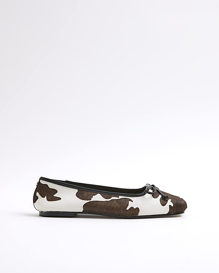 Beige Leather Cow Print Ballet Pumps