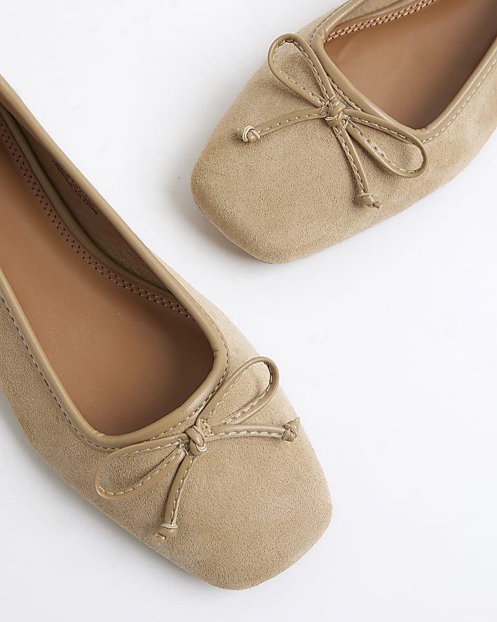 Beige Suede Square Toe Ballet Pumps