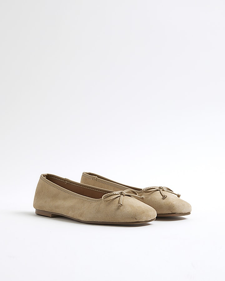 Beige Suede Square Toe Ballet Pumps