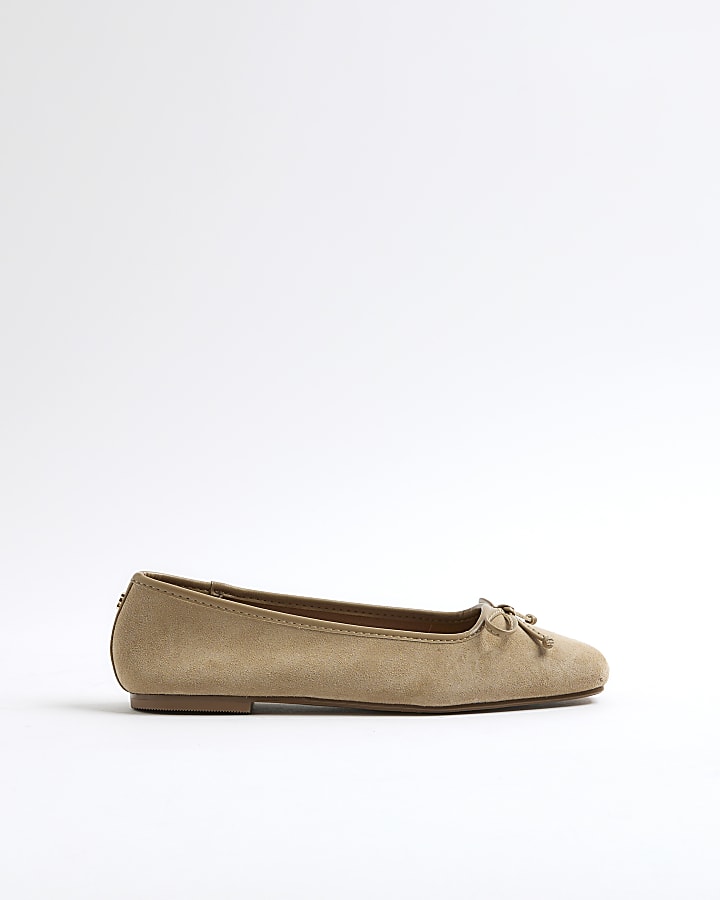 Beige Suede Square Toe Ballet Pumps