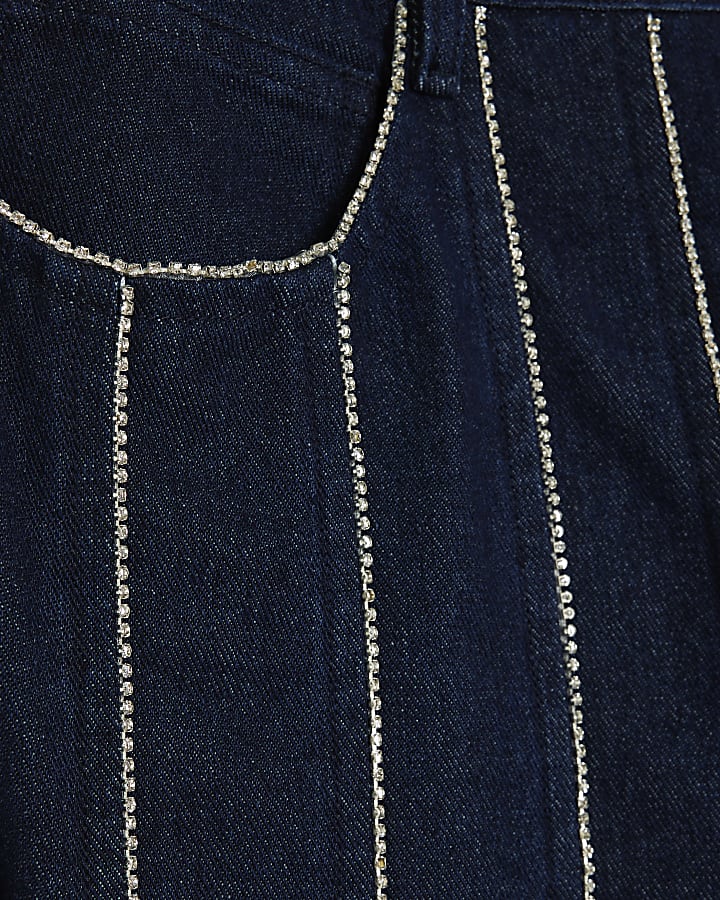 Blue Wide Leg Diamante Embellished Jeans