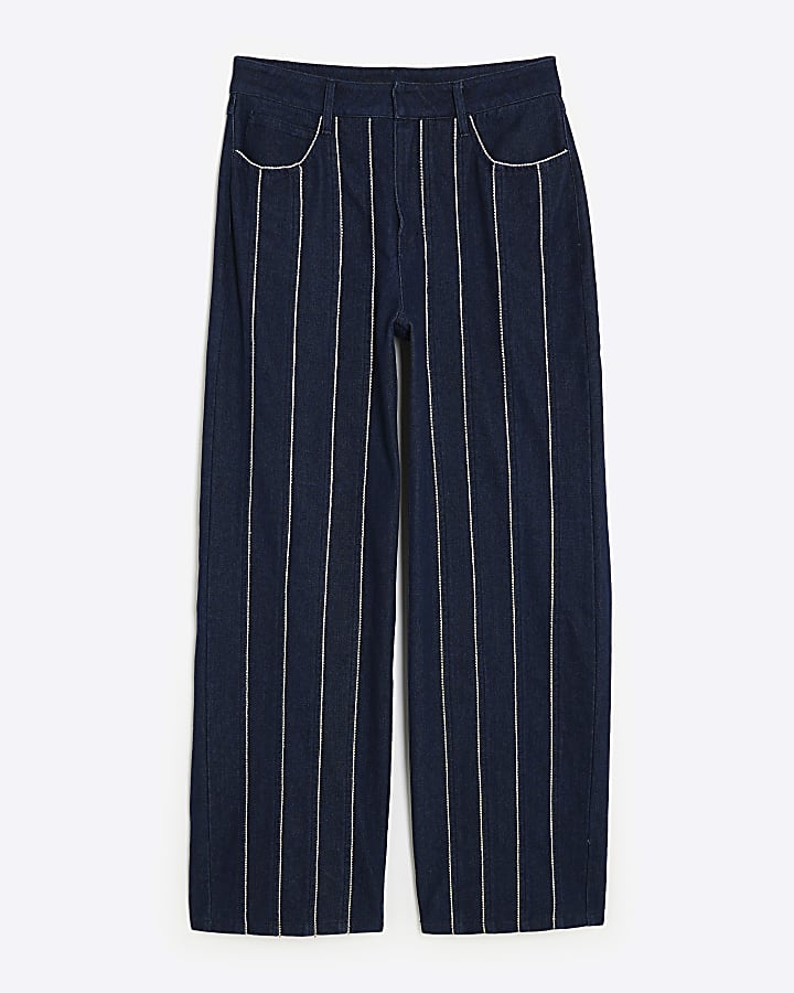 Blue Wide Leg Diamante Embellished Jeans