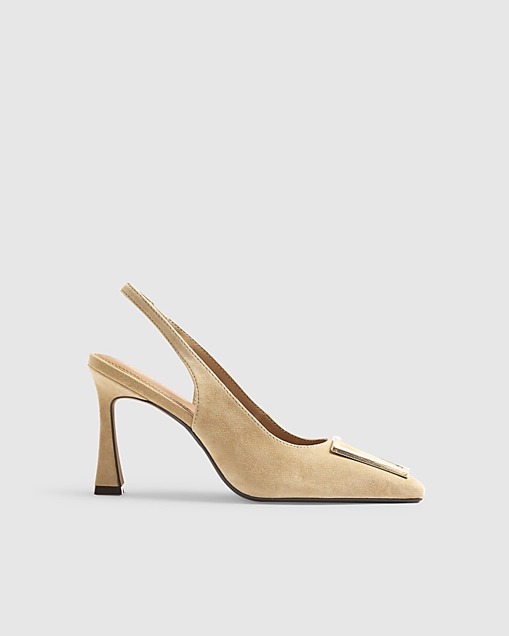 Beige Suede Slingback Court Heeled Shoes