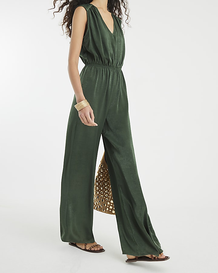 Khaki Sleeveless Wide Leg Jumpsuit