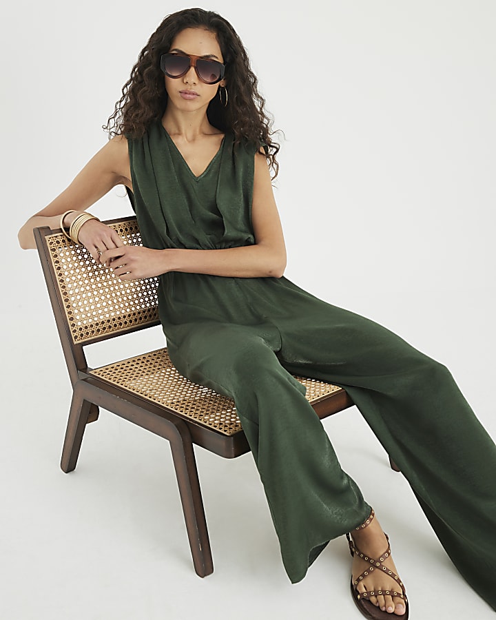 Khaki Sleeveless Wide Leg Jumpsuit