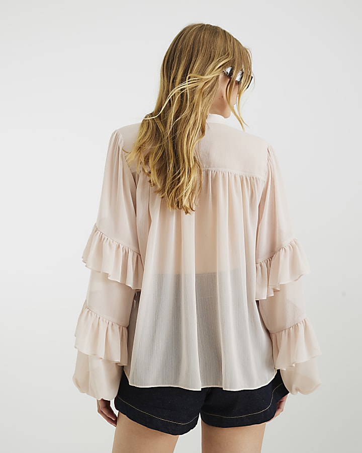 Beige Long Sleeve Ruffle Blouse