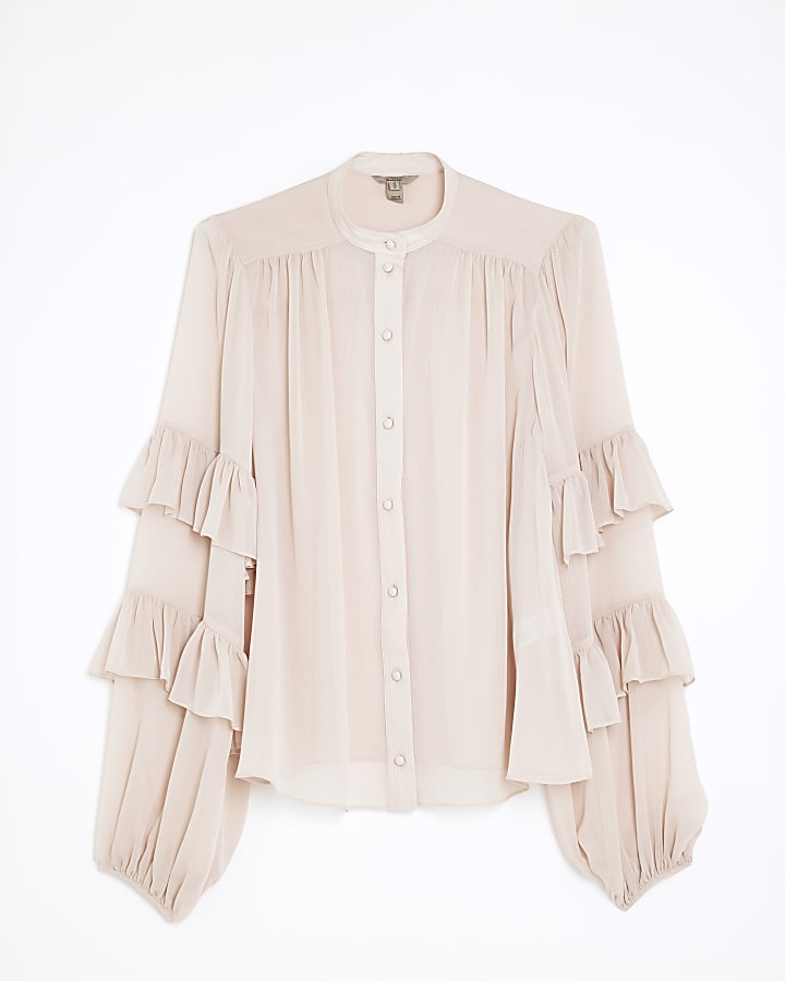 Beige Long Sleeve Ruffle Blouse