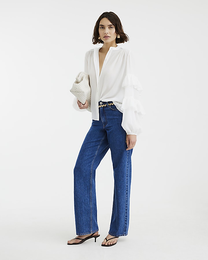 White Long Sleeve Ruffle Blouse