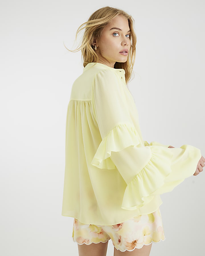Yellow Long Sleeve Ruffle Blouse