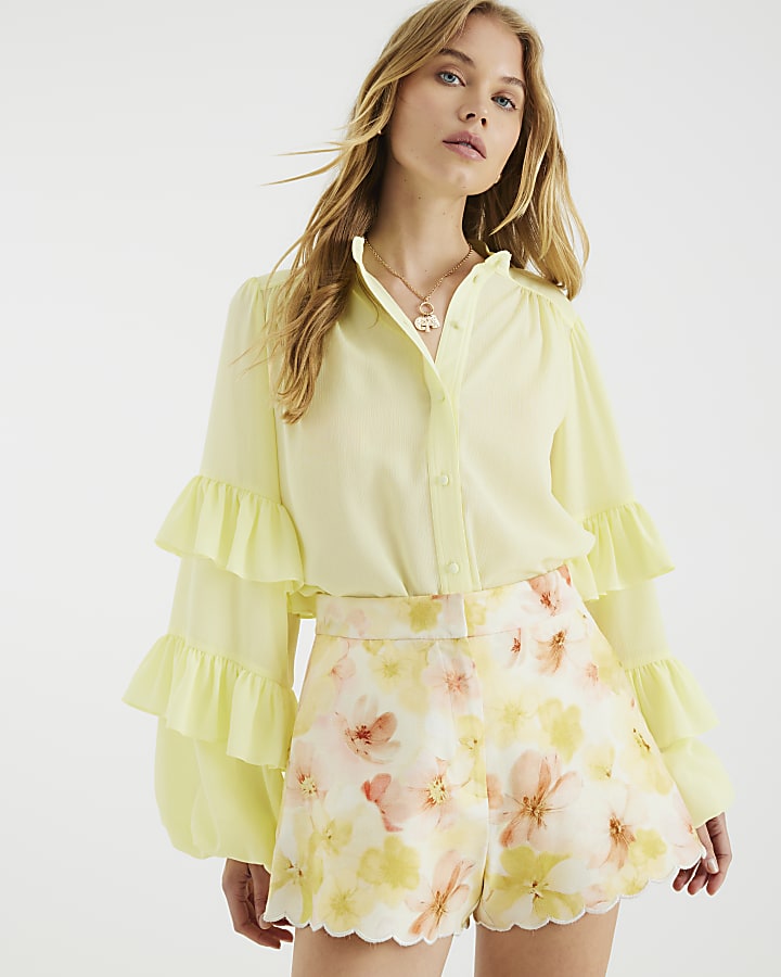 Yellow Long Sleeve Ruffle Blouse