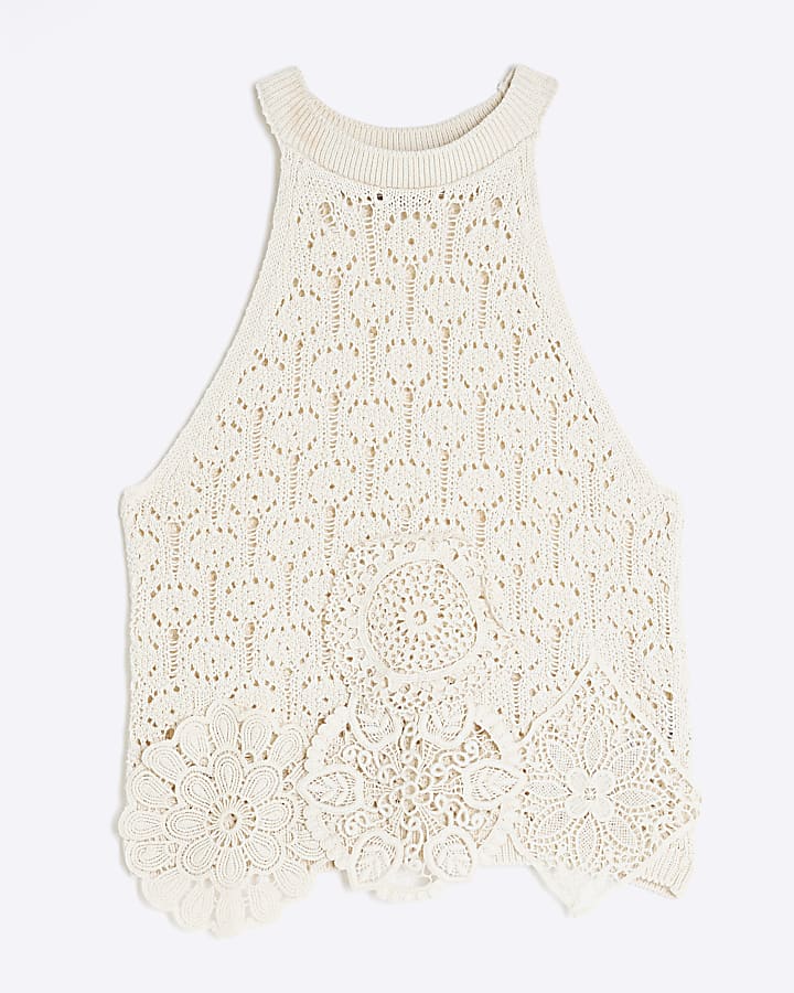 Cream Crochet Flower Patch Halter Neck Top