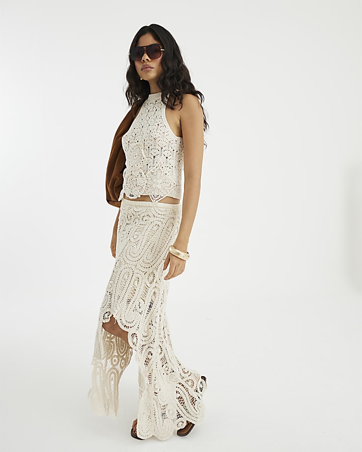 Cream Crochet Flower Patch Halter Neck Top