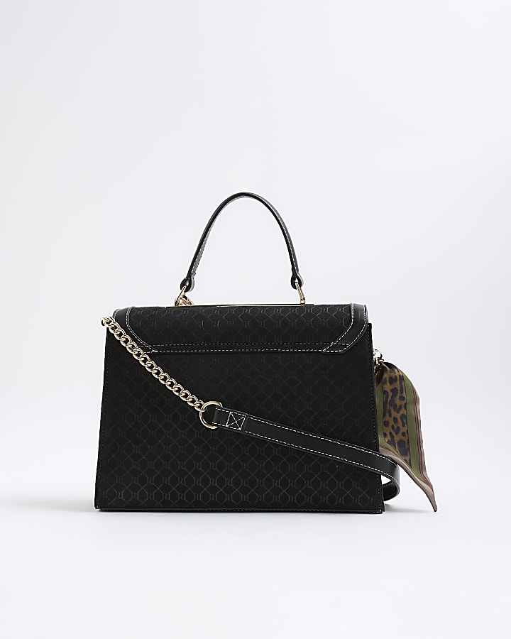 Black Faux Suede Monogram Charm Tote Bag