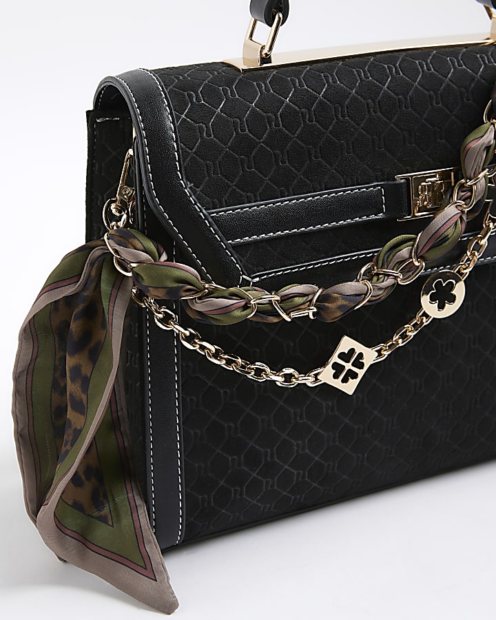 Black Faux Suede Monogram Charm Tote Bag