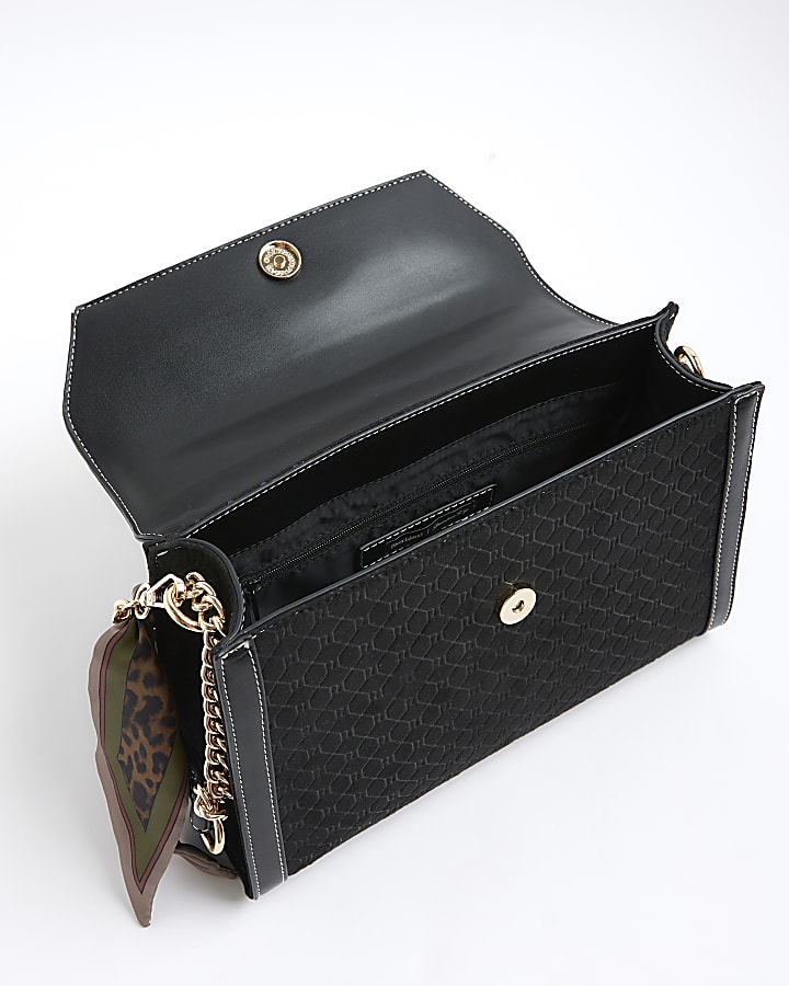 Black Faux Suede Monogram Charm Tote Bag