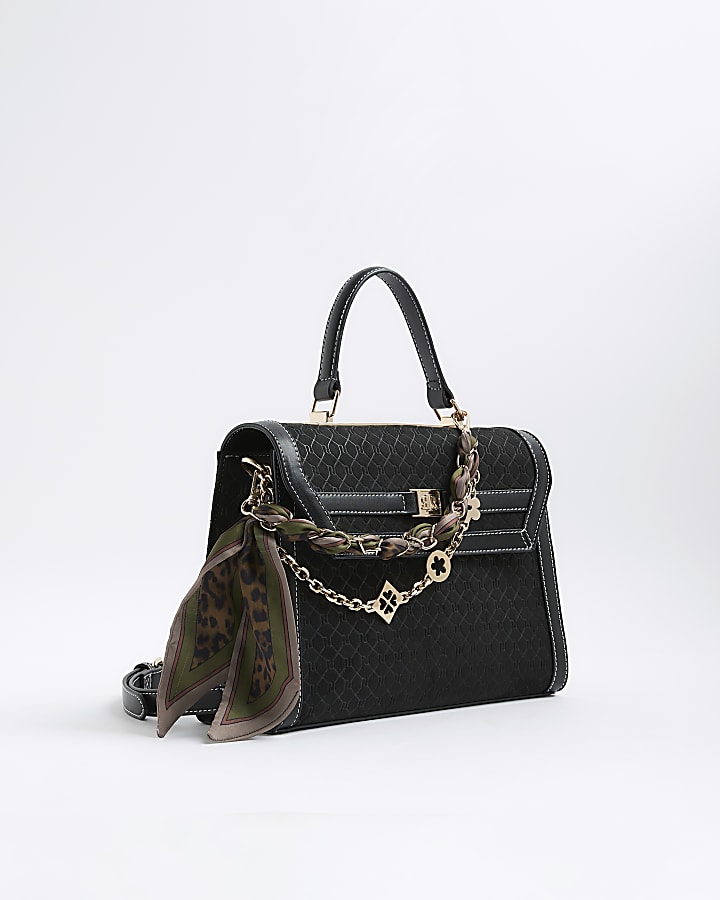 Black Faux Suede Monogram Charm Tote Bag